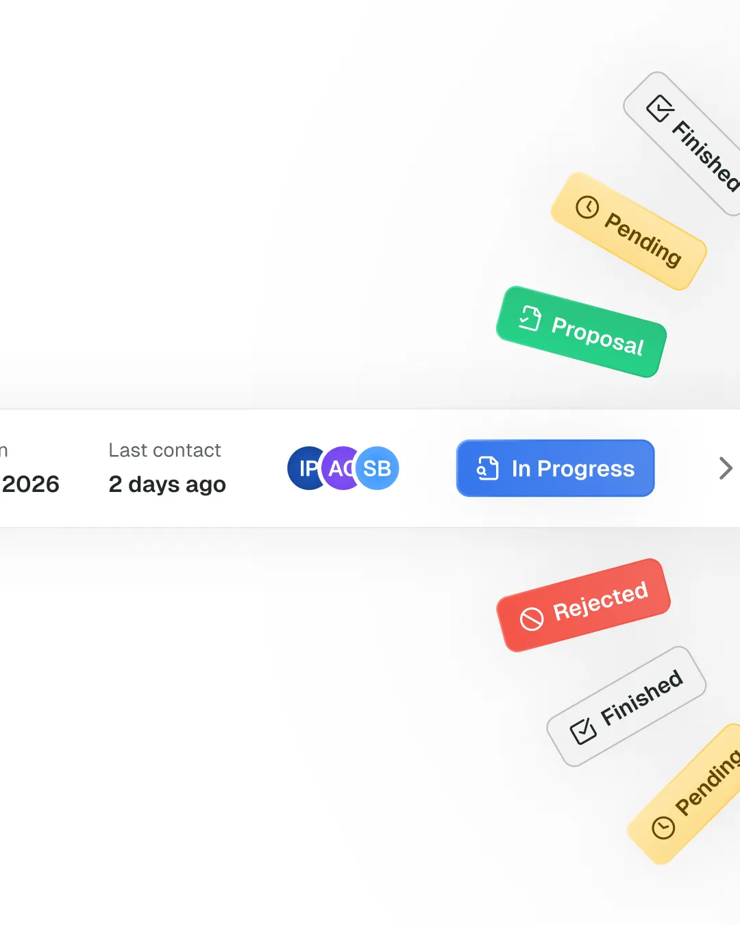 Application status chips: finished, pending, proposal, in progress and rejected