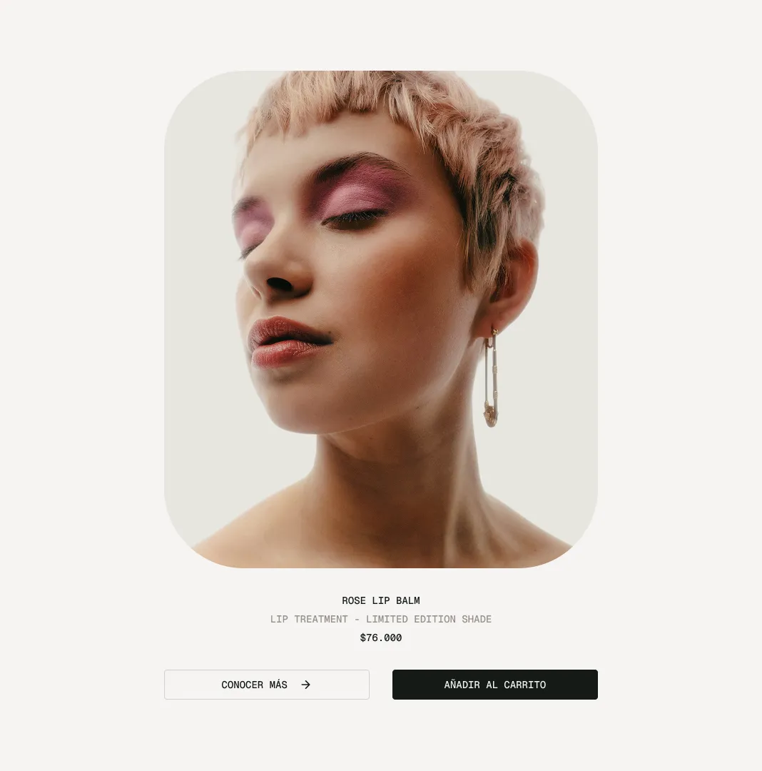 Rose Lip Balm product page mockup with a beauty portrait and add-to-cart