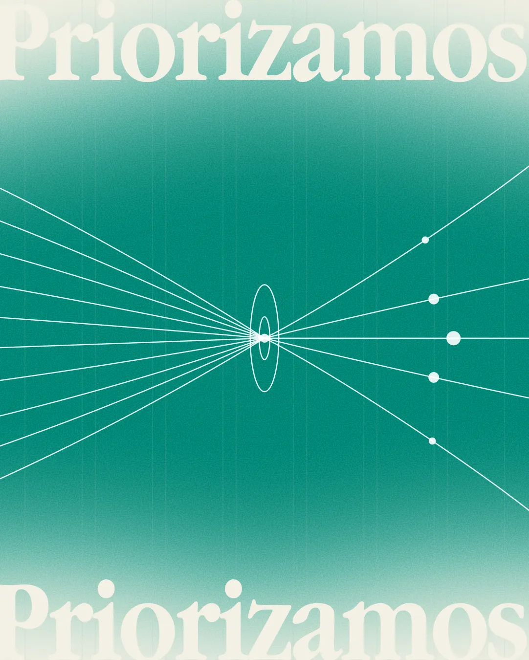 Green 'Priorizamos' poster with a lens graphic focusing radiating light rays to a point