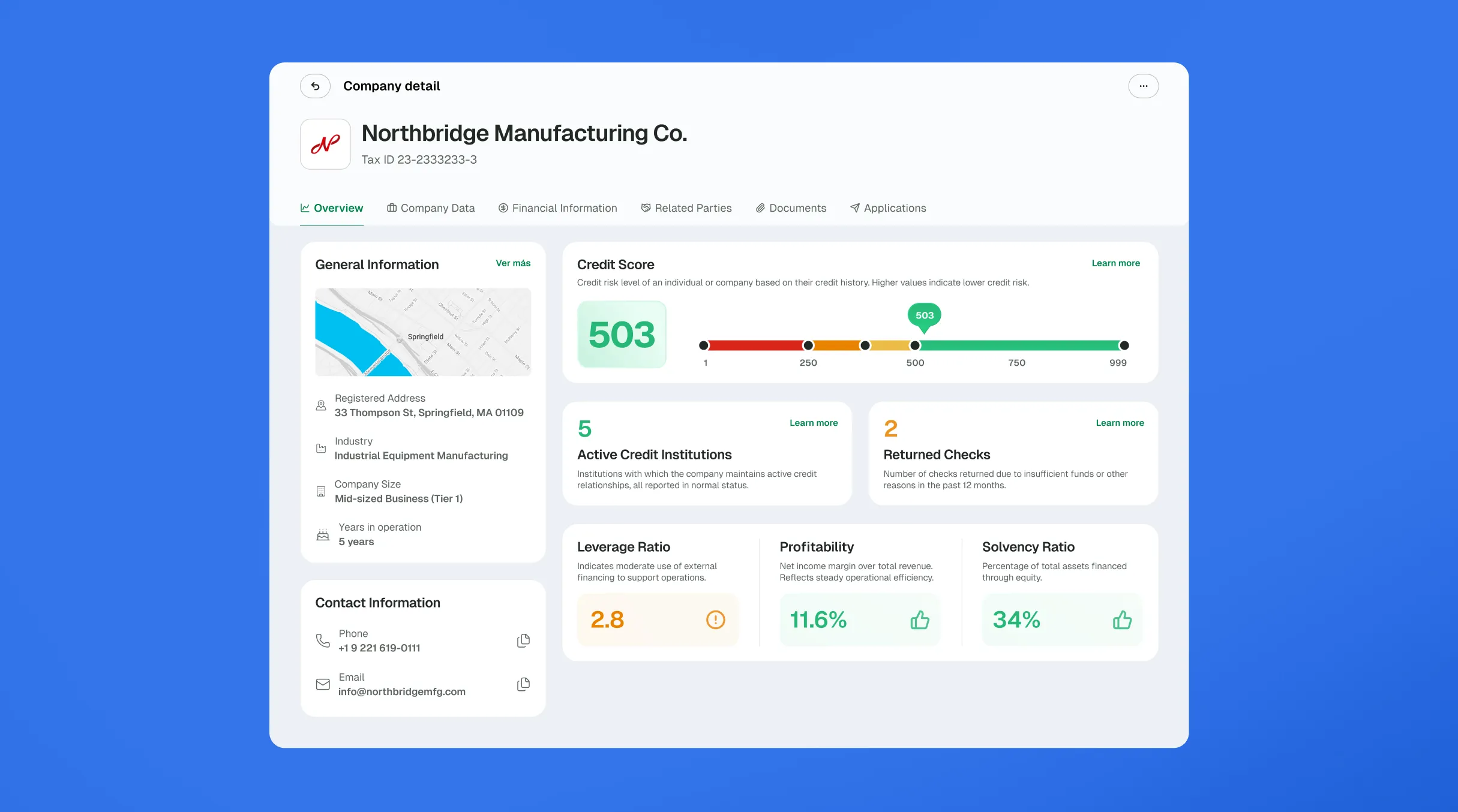 Company detail with credit score, active credit institutions and financial ratios