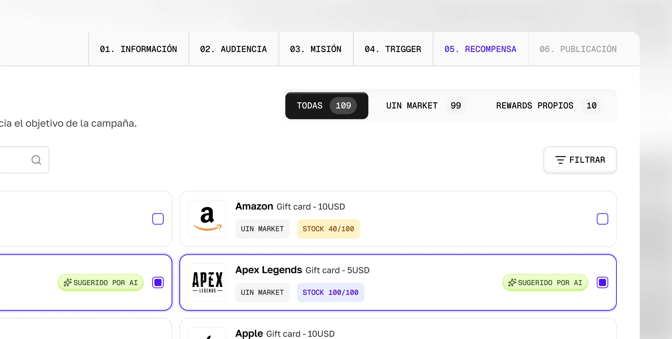 Campaign builder in the UIN backoffice, choosing rewards like gift cards with live stock