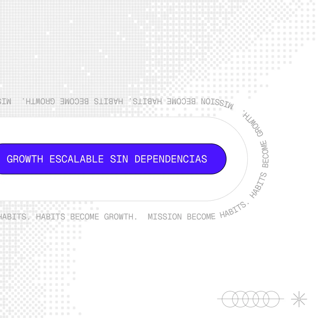 Violet pill reading 'Growth escalable sin dependencias' over a light pixel-map background