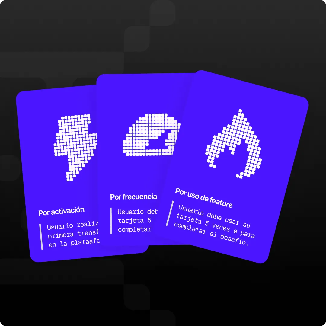 Three purple mission cards with pixel icons: activation, frequency and feature-use triggers