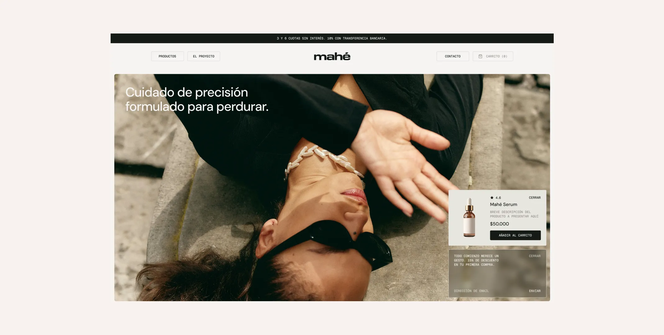 Mahé homepage hero — 'Cuidado de precisión, formulado para perdurar' over an editorial photo with a product quick-view