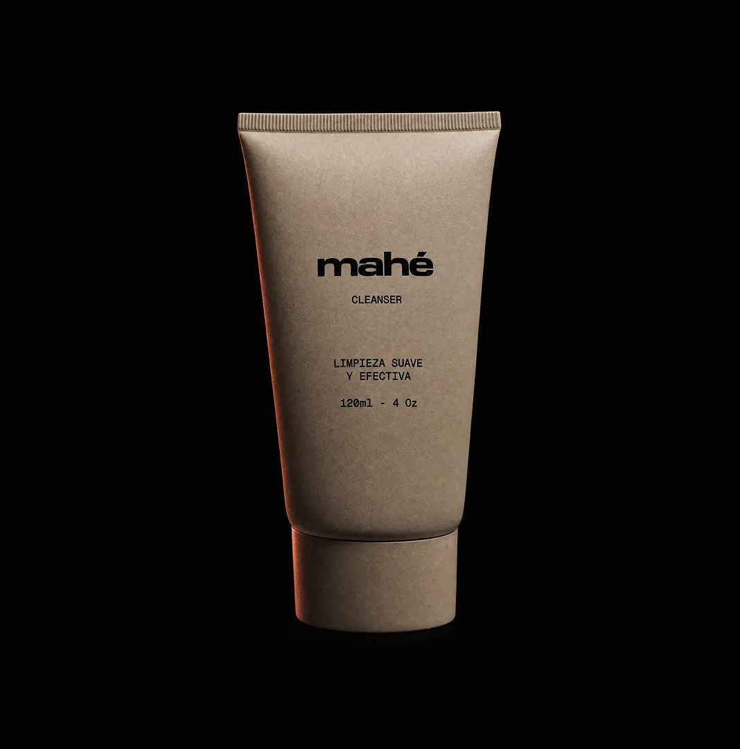 Mahé cleanser tube photographed on black