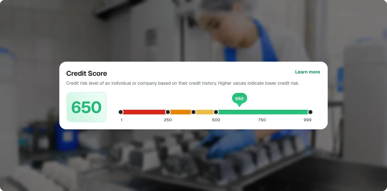 Credit score module over a photo of a worker in a manufacturing plant