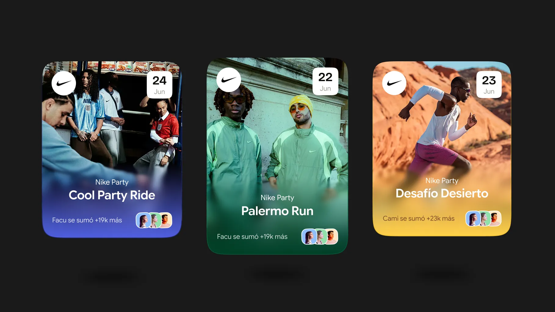 Three Nike Party event cards with photography, dates and attendees