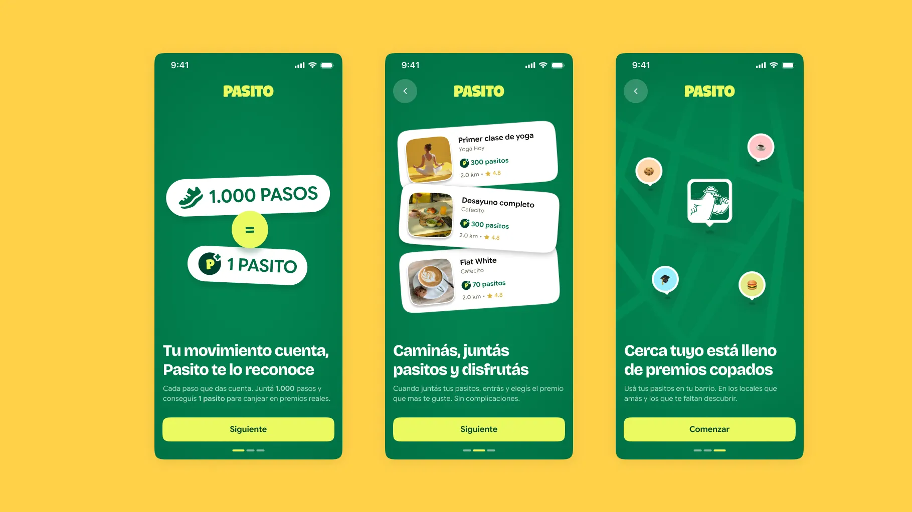 Three onboarding screens on yellow: a thousand steps make one pasito, collect pasitos, and redeem them nearby