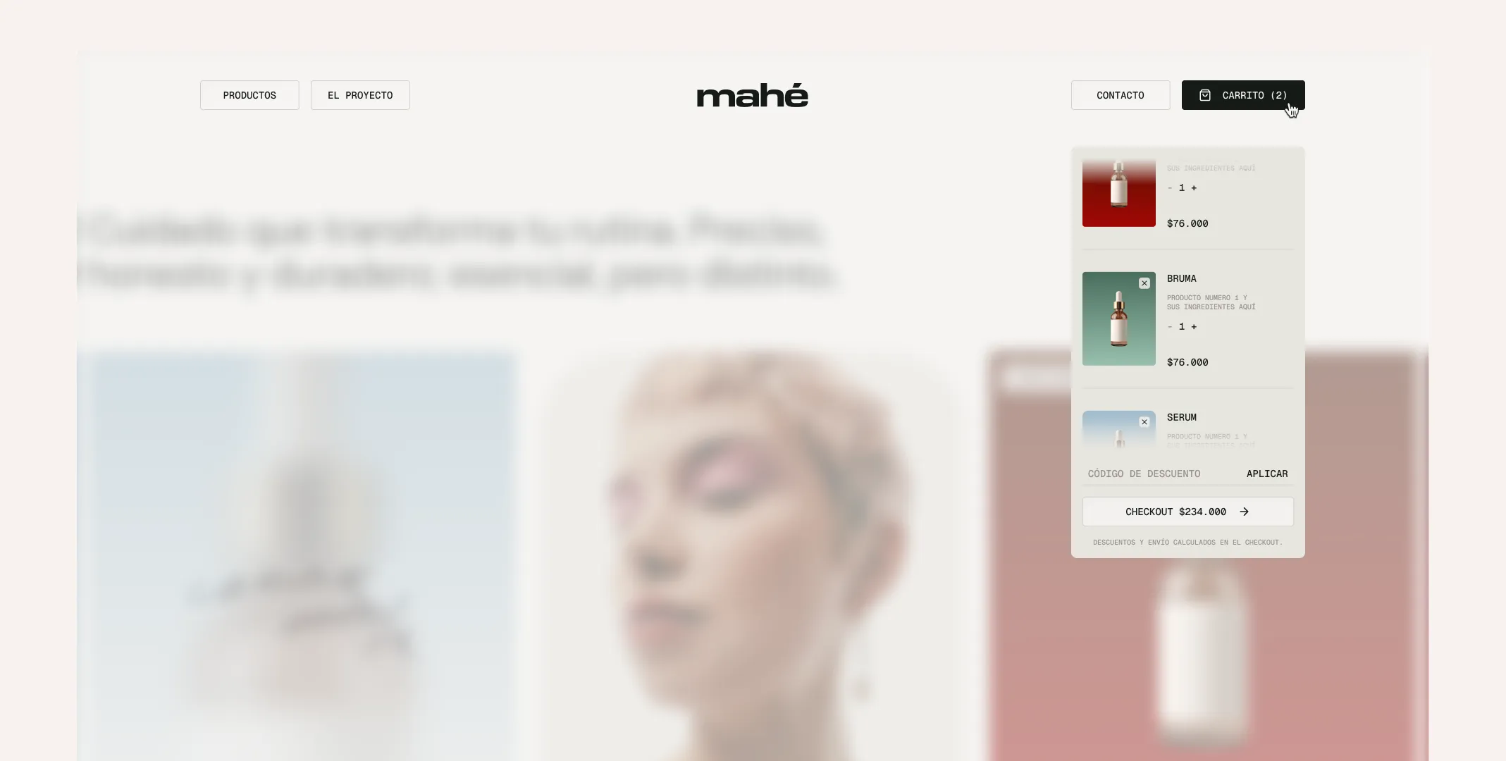Mahé homepage with the cart drawer open, showing serum and mist products