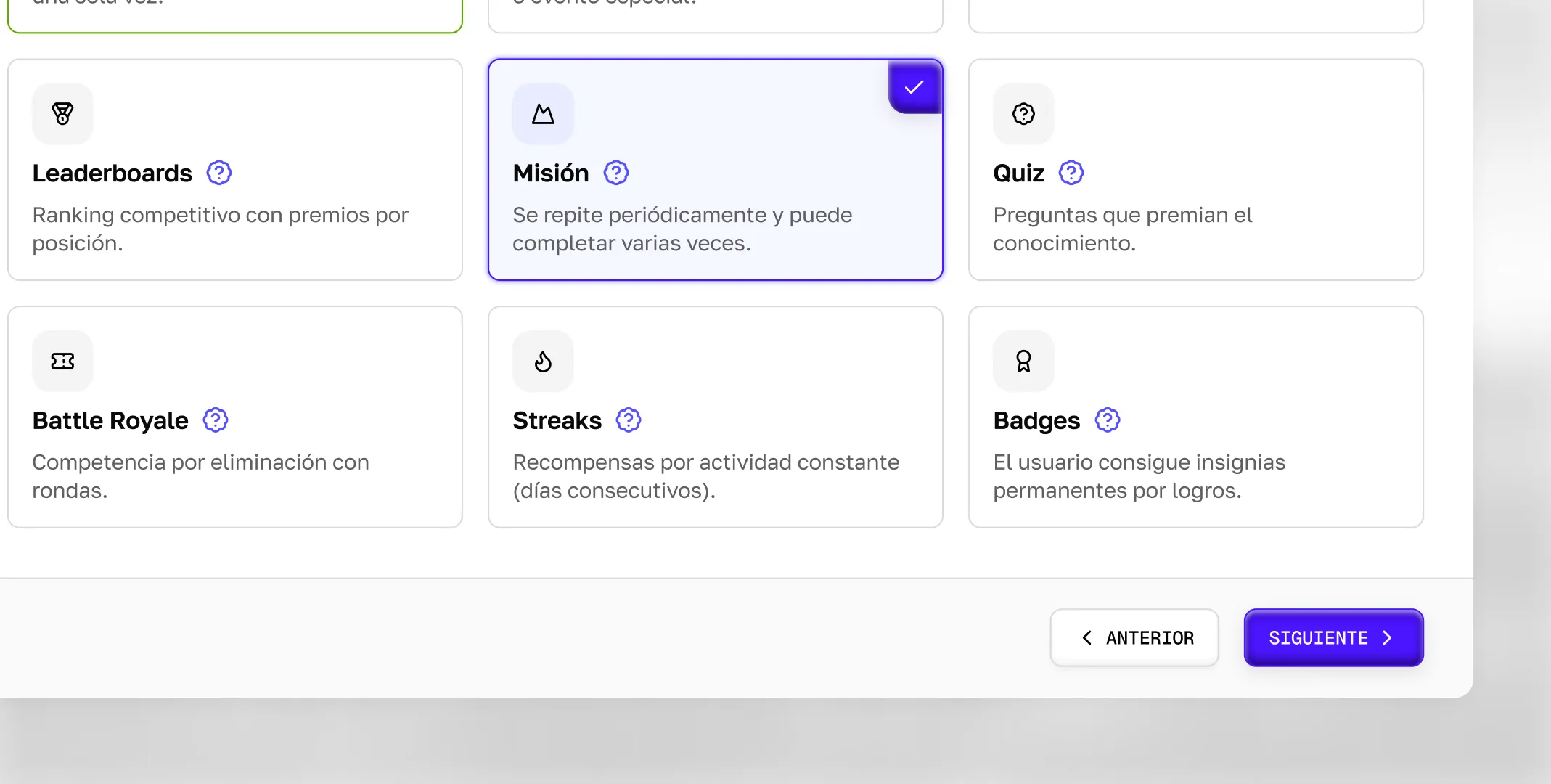Mission type picker: leaderboards, missions, quizzes, battle royale, streaks and badges