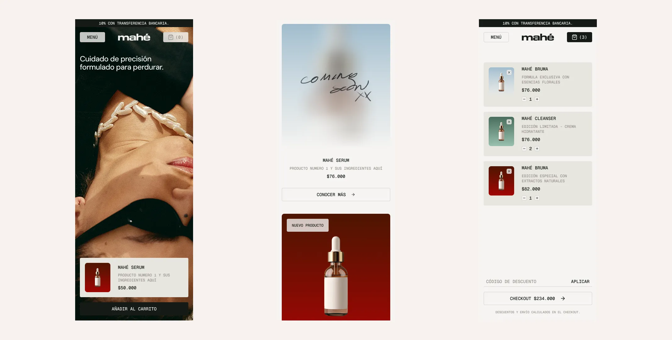 Three Mahé mobile screens: home, a coming-soon product and the cart