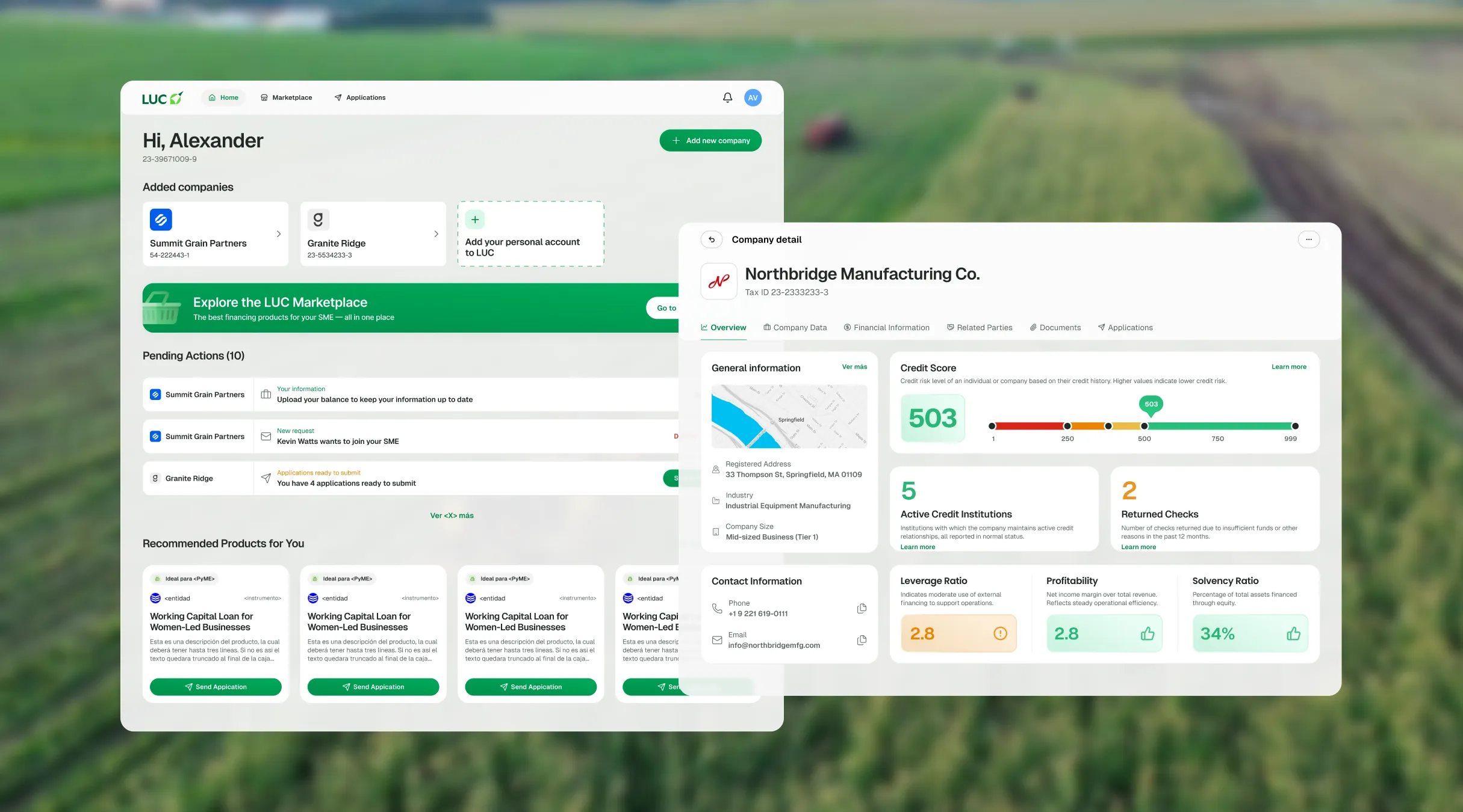 LUC home for an SMB owner with added companies, pending actions and recommended products, next to a company credit detail