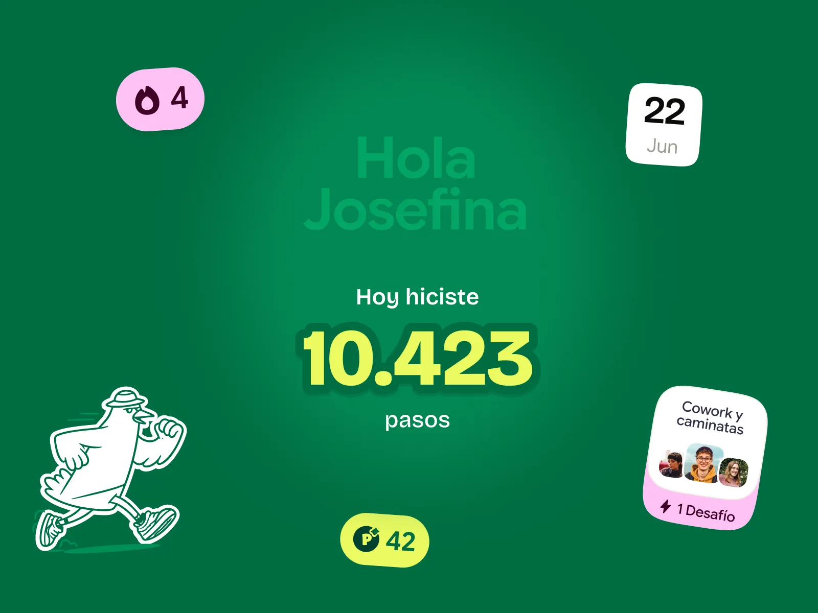 Pasito brand board with typography, walking pigeon mascot, colors and app screens