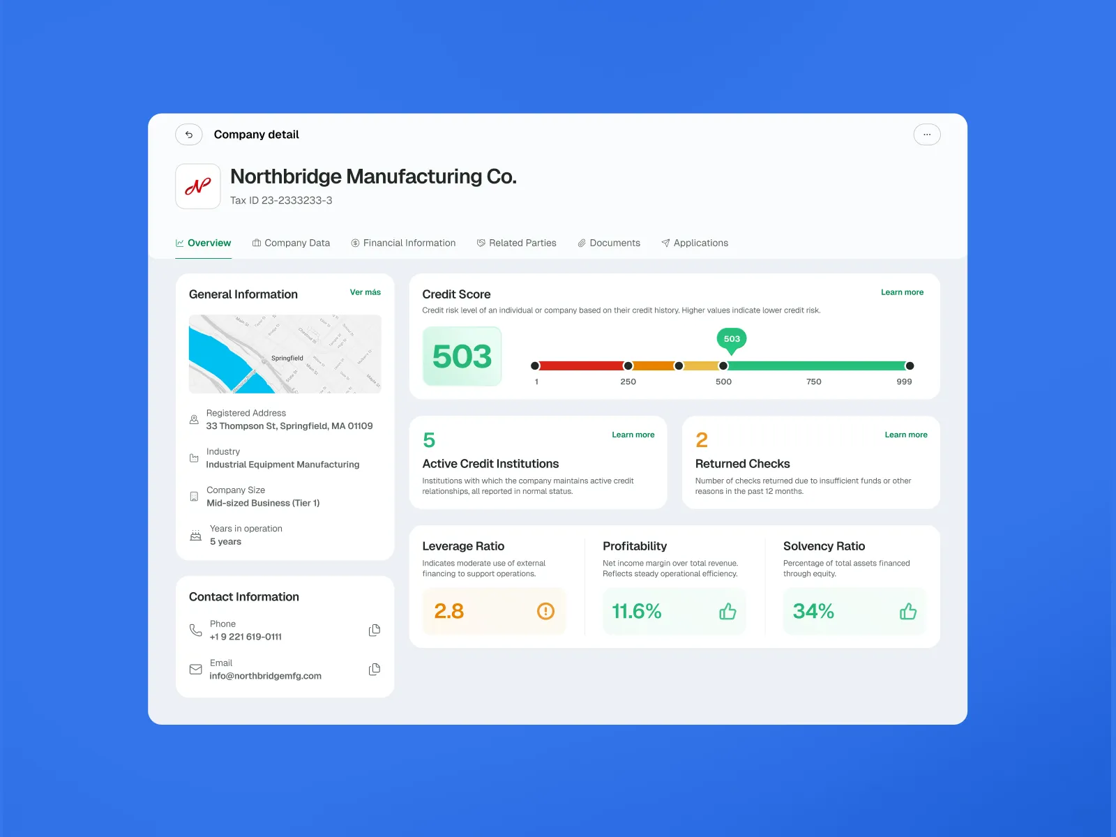LUC company detail dashboard on a blue background